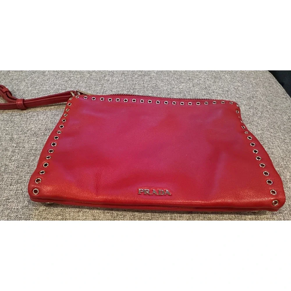 Prada Soft Calf Borch Red Leather Studded Crystal Clutch Bag 1N1825 Fuoco
